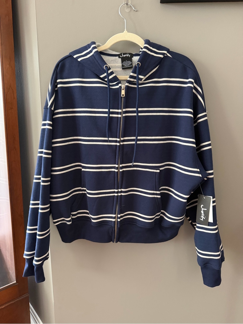 Justify Navy and White Striped Zip Hoodie Jacket